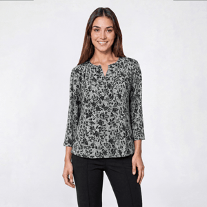 Petite Napa Valley 3/4 Sleeve Floral Split Neck Knit Blouse